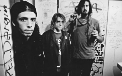 American rock group Nirvana, backstage in Frankfurt, Germany, 12th November 1991. Left to right: drummer Dave Grohl, singer and guitarist Kurt Cobain (1967 - 1994) and bassist Krist Novoselic.